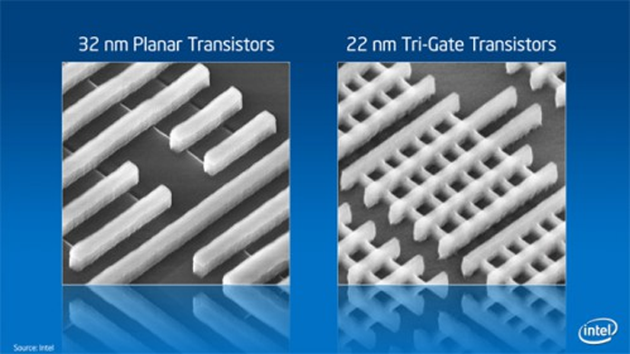Na foto à esquerda, realizada com microscópio, você vê os transistores 2D. À direita, os transistores FinFET (ou Tri-Gate, como chama a Intel), cortados pela barbatana (Foto: Divulgação/Intel)
