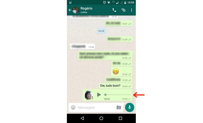 Áudio enviado para contato que desativou confirmação de leitura do WhatsApp (Foto: Reprodução/Raquel Freire)
