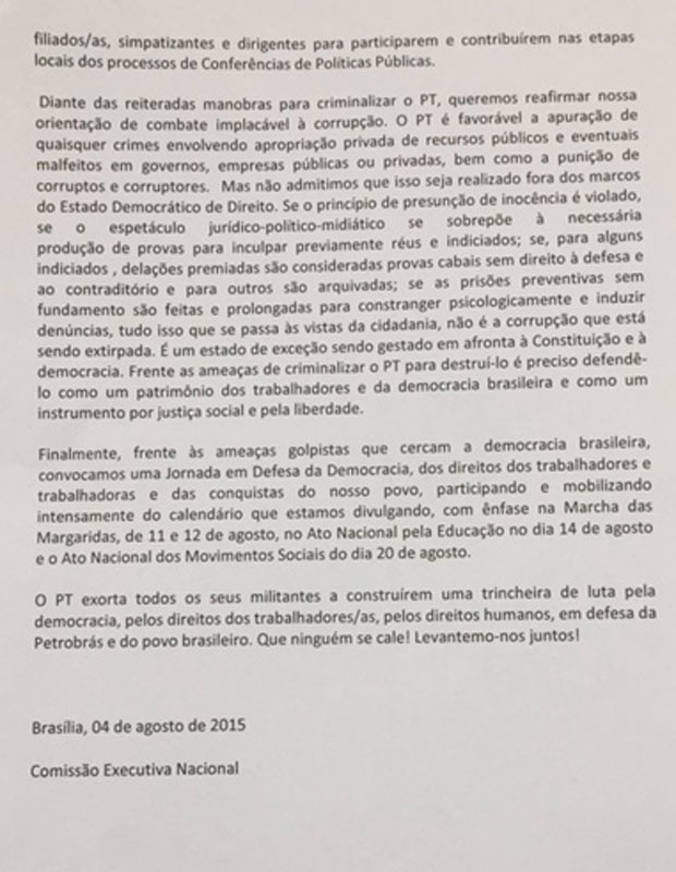 Texto de nota da Executiva do PT, divulgada após reunião em Brasília (Foto: Reprodução)