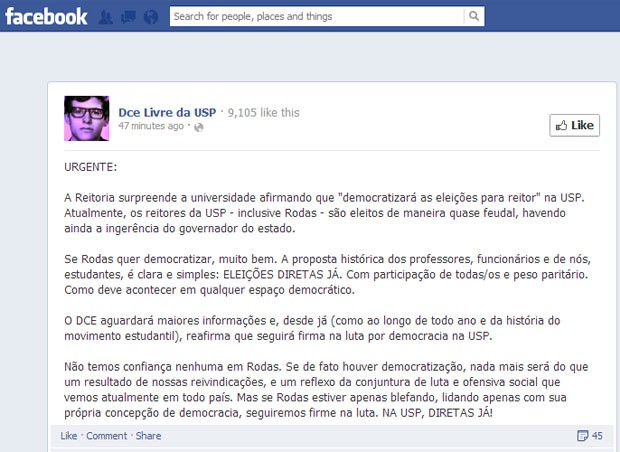 DCE da USP publica nota sobre anúncio de eleições diretas para reitor (Foto: Facebook/DCE Livre da USP)