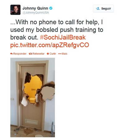 Atleta do Bobsled dos Estados Unidos precisou arrombar a porta do banheiro para sair (Foto: Reprodução/Twitter)