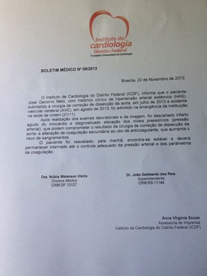 Boletim médico do deputado José Genoino (PT-SP) (Foto: Reprodução)