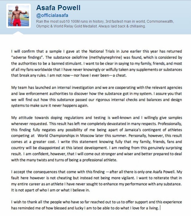 carta asaffa powell doping atletismo (Foto: Reprodução/Twitter) carta asaffa powell doping atletismo (Foto: Reprodução/Twitter)