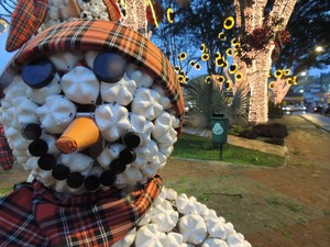 Boneco de neve simpático em Guararema faz parte da decoração de Natal (Foto: Jamile Santana/G1)