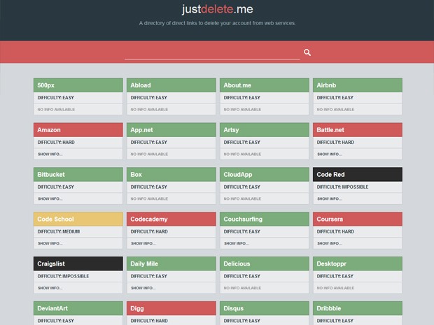 Site 'justdelete.me' ajuda usuários a cancelarem contas em serviços da internet (Foto: Reprodução/justdelete.me)