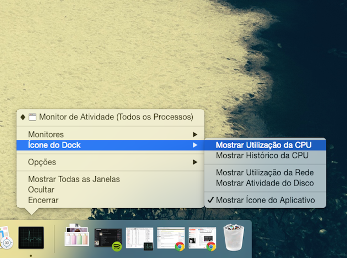 Configurando o Monitor de Atividades para mostrar um gráfico da utilização da CPU no dock do Mac OS X (Foto: Reprodução/Marvin Costa)