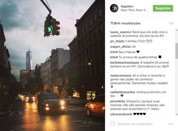 Tiago Iorc faz post em Nova York e fãs pedem encontro (Foto: Reprodução / Instagram)