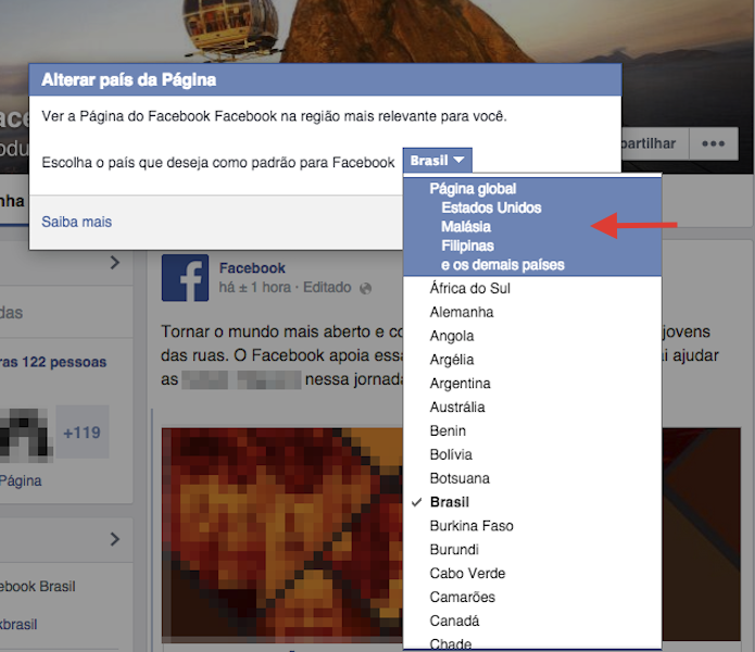 Escolhendo outro país na lista de conteúdos regionais de uma página do Facebook (Foto: Reprodução/Marvin Costa)