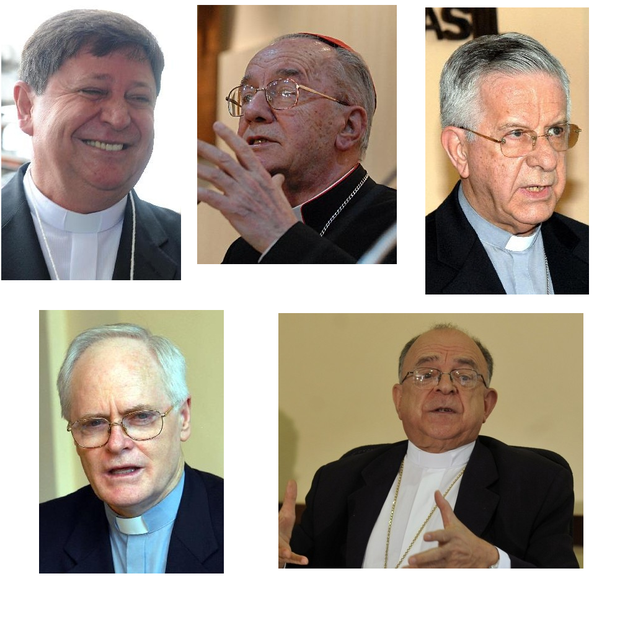 Os cinco cardeais brasileiros que participarão da conclave para escolher o próximo Papa: (no sentido horário) dom João Braz de Aviz, dom Cláudio Hummes, dom Geraldo Majella Agnelo, dom Odilo Scherer e dom Raymundo Damasceno Assis (Foto: Montagem com fotos da Agência Brasil)