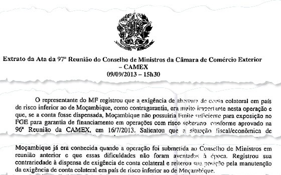Pimentel no fim de 2014, já como governador de Minas. Ele contrariou o Ministério da Fazenda e insistiu que Moçambique fosse tratado como exceção (Foto: Revista ÉPOCA/Reprodução) Ata da reunião do Camex: Fernando Pimentel votou a favor da dispensa de garantias básicas exigidas pelo BNDES para conceder financiamentos para a exportação, mesmo diante da posição contrária do Ministério da Fazenda e do risco de calote