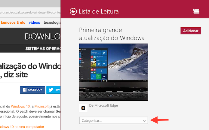 Iniciando a criação de uma categoria de páginas salvas na lista de leitura do Windows 10 (Foto: Reprodução/Marvin Costa)
