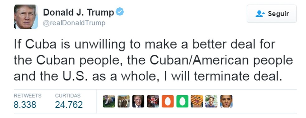 Cuba diz que pode acabar com negociação com Cuba (Foto: Reprodução/Twitter/Donald Trump)