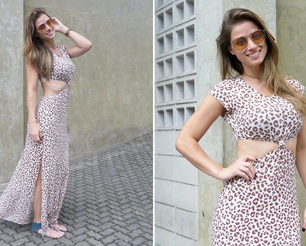 Angela Sousa aposta em vestido de oncinha com detalhe na cintura (Foto: Domingão do Faustão / TV Globo)
