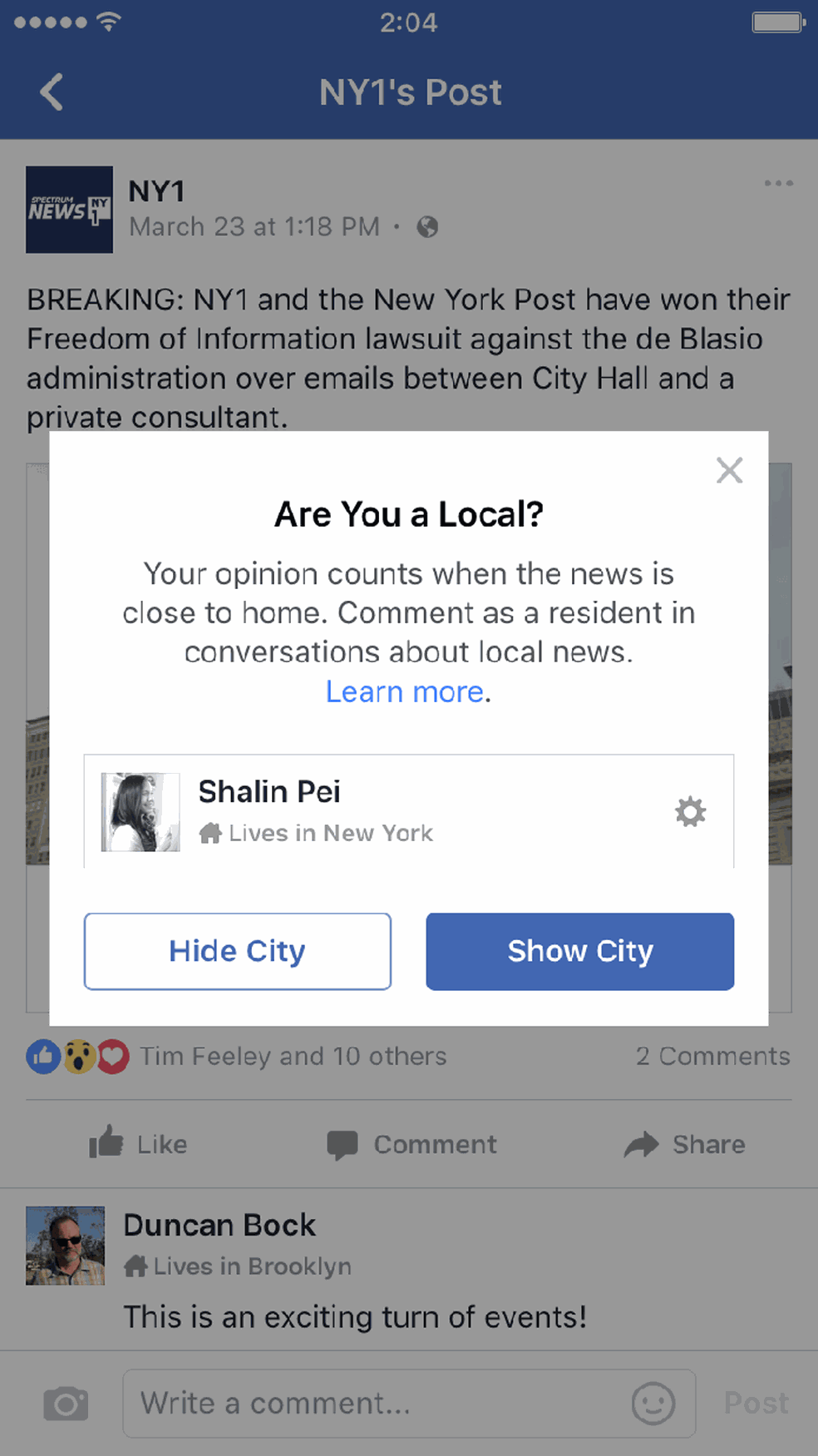 Facebook pergunta se usuário deseja tornar a cidade visível (Foto: Reprodução/Poynter)