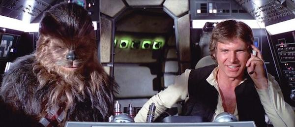 Han Solo e Chewbacca pilotando a Millennium Falcon (Foto: Reprodução)