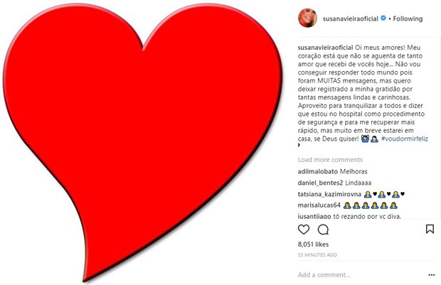 Susana Vieira se manifesta após internação por conta de trombose (Foto: Reprodução/Instagram)