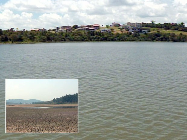A Represa do Bortolan antes (no detalhe) e agora; nível 4 metros mais alto (Foto: Reprodução EPTV)