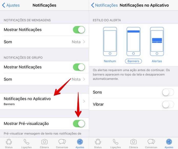 Alterando notificações no aplicativo e preview de mensagens (Foto: Helito Bijora/TechTudo) Alterando notificações no aplicativo e preview de mensagens (Foto: Helito Bijora/TechTudo)
