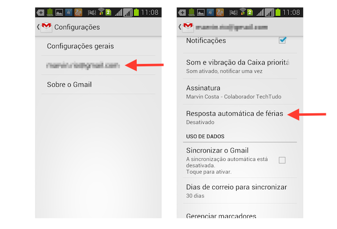 Acessando as configurações de mensagem de férias no aplicativo do Gmail para Android (Foto: Reprodução/Marvin Costa)