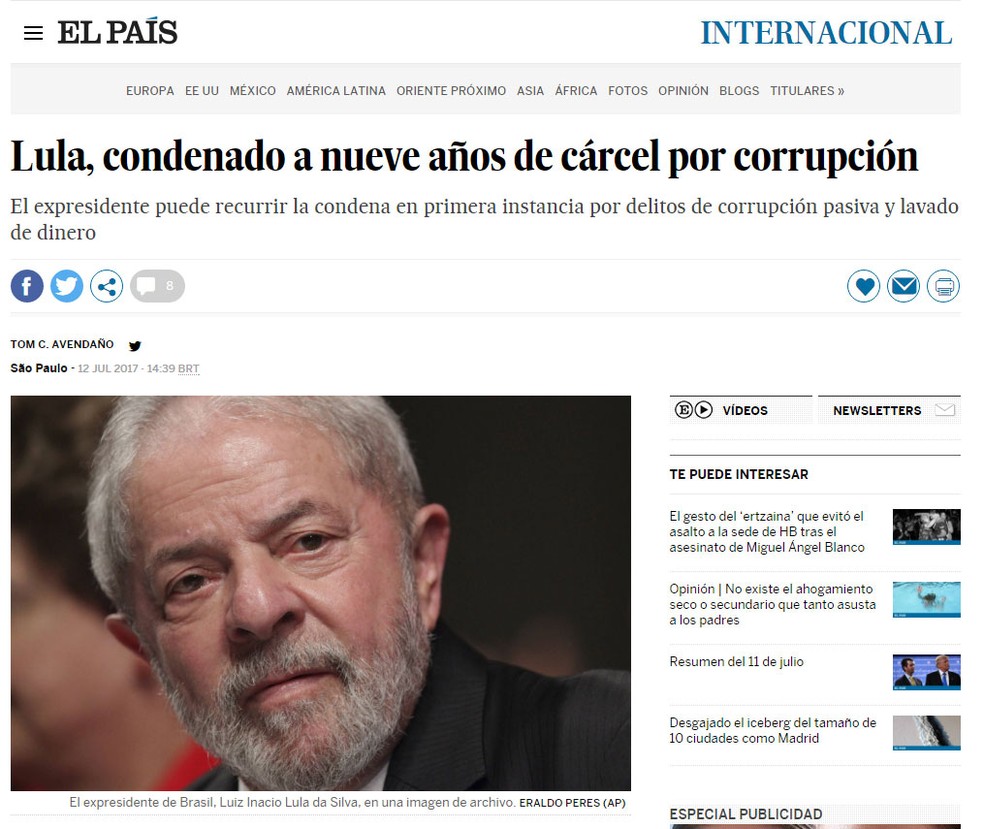 Jornal espanhol 'El País' repercute condenação de Lula na Lava Jato (Foto: Reprodução/ El País)