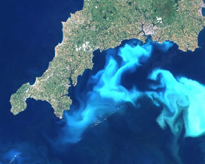 Imagem da agência espacial americana, Nasa, mostra formação massiva de algas Emiliania huxleyi na costa da Inglaterra (Foto: Nasa)