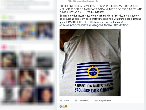 Estagiária desabafa nas redes sociais após ser desligada da prefeitura de São José (Foto: Reprodução/ Facebook)