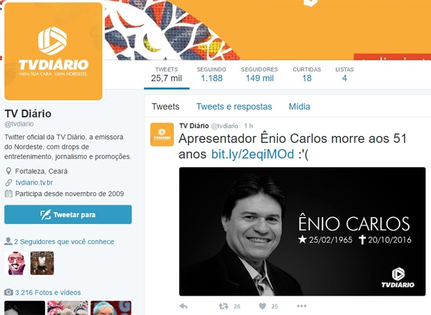 TV Diário, do Ceará, confirma morte de Ênio Carlos (Foto: Reprodução/Twitter)