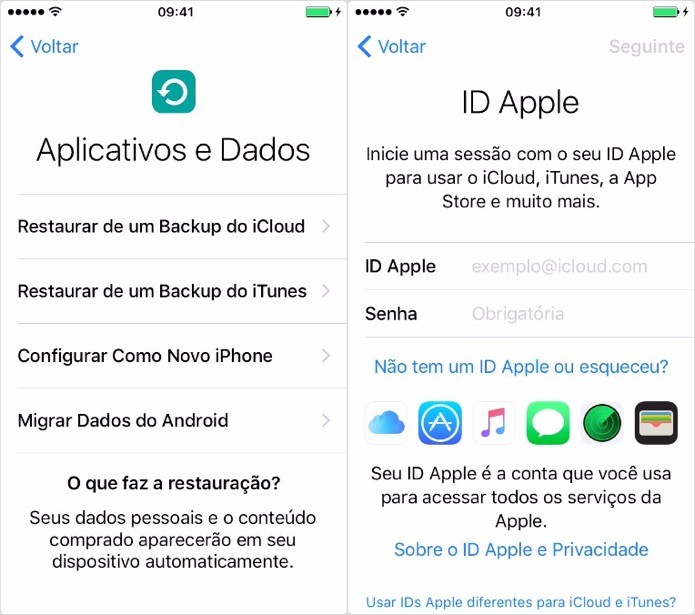 Escolha como deseja configurar o iPhone e faça login em sua conta iCloud (Foto: Reprodução/Helito Bijora)