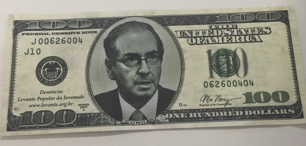 Nota de dólar falsa com a imagem do presidente da Câmara, Eduardo Cunha (Foto: Reprodução)
