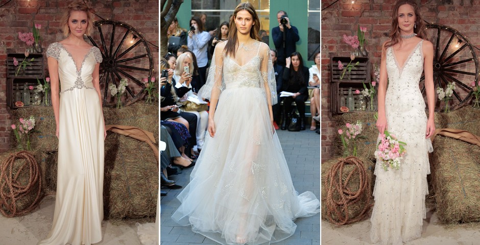 A mesma aposta foi feita por Jenny Packham e Monique Lhuillier. A segunda investiu ainda em uma capa de tule para cobrir discretamente o colo, como recurso para celebrações formais