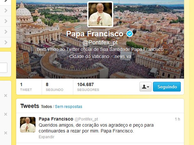 Primeiro tuíte do Papa Francisco (Foto: Reprodução)