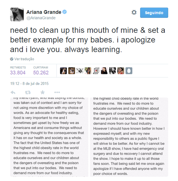 Ariana Grande em post no Twitter (Foto: Reprodução)