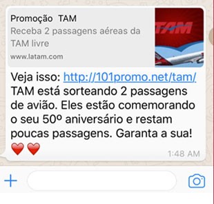 Golpe no WhatsApp promete promoção em passagens aéreas. (Foto: Divulgação/ESET)