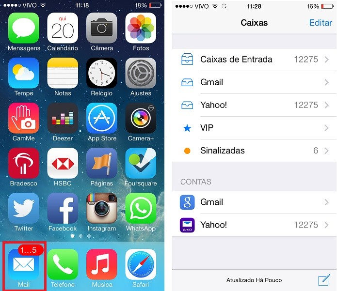 Tela principal do Mail do iOS 7 (Foto: Aline Jesus/Reprodução)