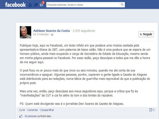 Adriano Soares explica post sobre música "Vai Tomar no Cu". (Foto: Reprodução Facebook)