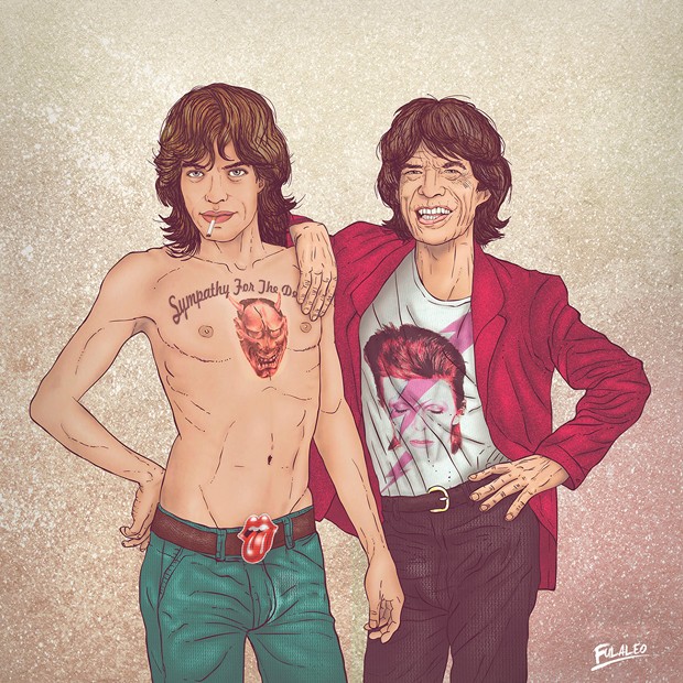 Mick Jagger também foi desenhado por Fulaleo. Vocalista dos Rolling Stones aparece com tatuagem de 'Sympathy for the Devil', música da banda, e camiseta com imagem de David Bowie (Foto: Behance/Fulaleo)