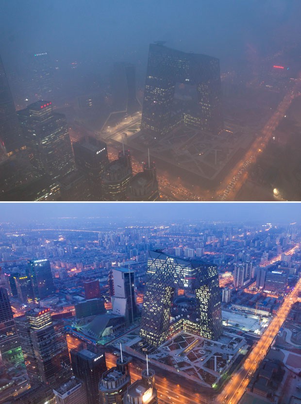 Foto compara região de Pequim nesta segunda (14) e em 4 de fevereiro de 2012 (Foto: Ed Jones/AFP)