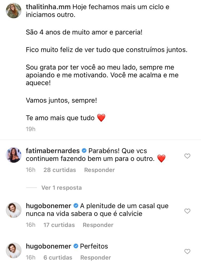 Fátima Bernardes e Hugo Bonemer desejam felicidades ao casal (Foto: Reprodução/Instagram) Fátima Bernardes e Hugo Bonemer desejam felicidades ao casal (Foto: Reprodução/Instagram)