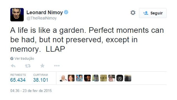 Leonard Nimoy em seu último tuíte (Foto: Reprodução)