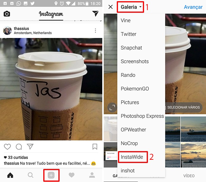 Toque no botão de publicar fotos no Instagram e procure pelo álbum do InstaWide (Foto: Reprodução/Elson de Souza)