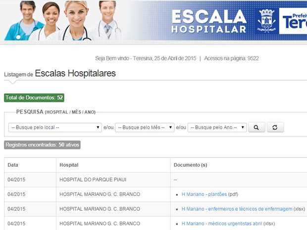 Escala do Hospital do Parque Piauí não consta no site da Prefeitura de Teresina (Foto: Reprodução/escala.teresina.pi.gov.br/)