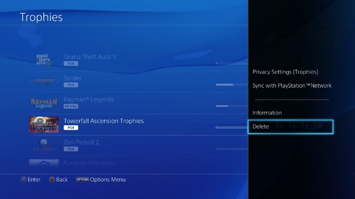 Pressione o botão Options em um jogo com 0% de Troféus e selecione Delete (Foto: Reprodução/Rafael Monteiro)