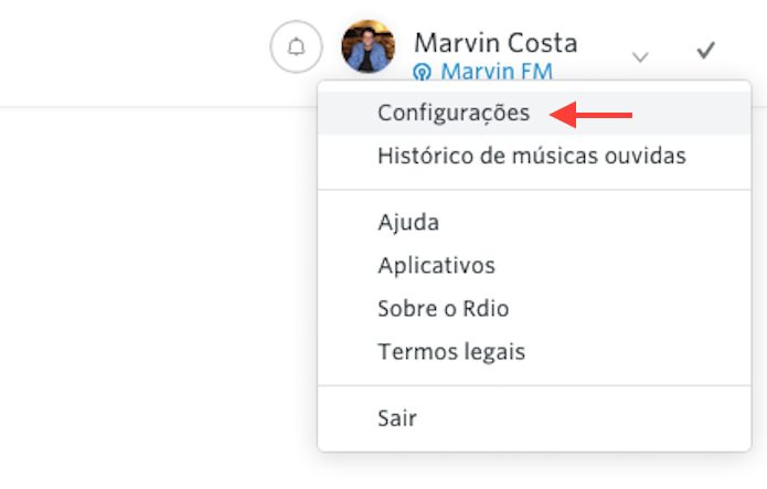 Acessando as configurações do Rdio na versão web do serviço (Foto: Reprodução/Marvin Costa)