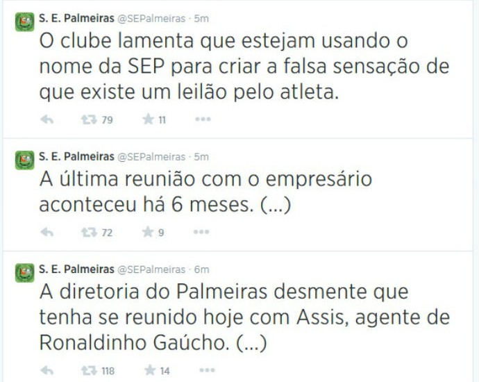 Em rede social, Palmeiras nega interesse em Ronaldinho Gaúcho (Foto: reprodução / Twitter)