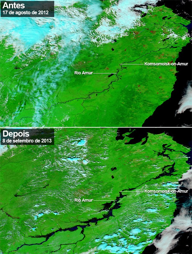 Natureza Imagens feitas do espaço mostram antes e depois de enchente