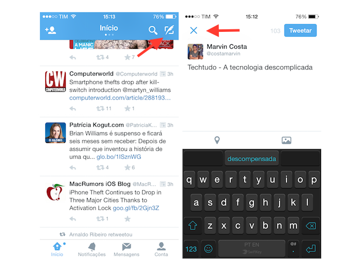 Definindo um tuíte que será salvo em rascunho no Twitter para iOS (Foto: Reprodução/Marvin Costa)