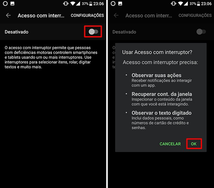 Confirme a ativação do acesso com interruptor para ganhar novos botões no YouTube (Foto: Reprodução/Elson de Souza)