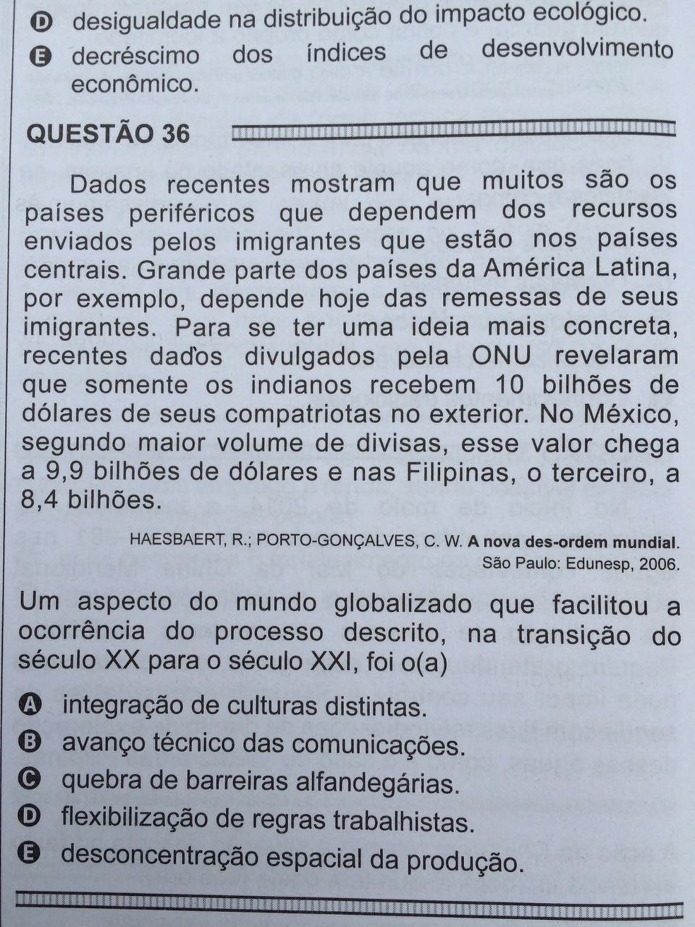 ENEM 2016 - 1º DIA - PROVA BRANCA - QUESTÃO 36 (Foto: G1 )