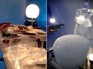 Ferramentas usados para trabalhar o gelo e neve; bloco de gelo vai virando escultura (Foto: Speto/Arquivo pessoal)