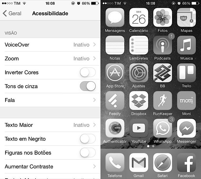 Ativando modo preto e branco no iOS 8 (Foto: Reprodução/Helito Bijora)